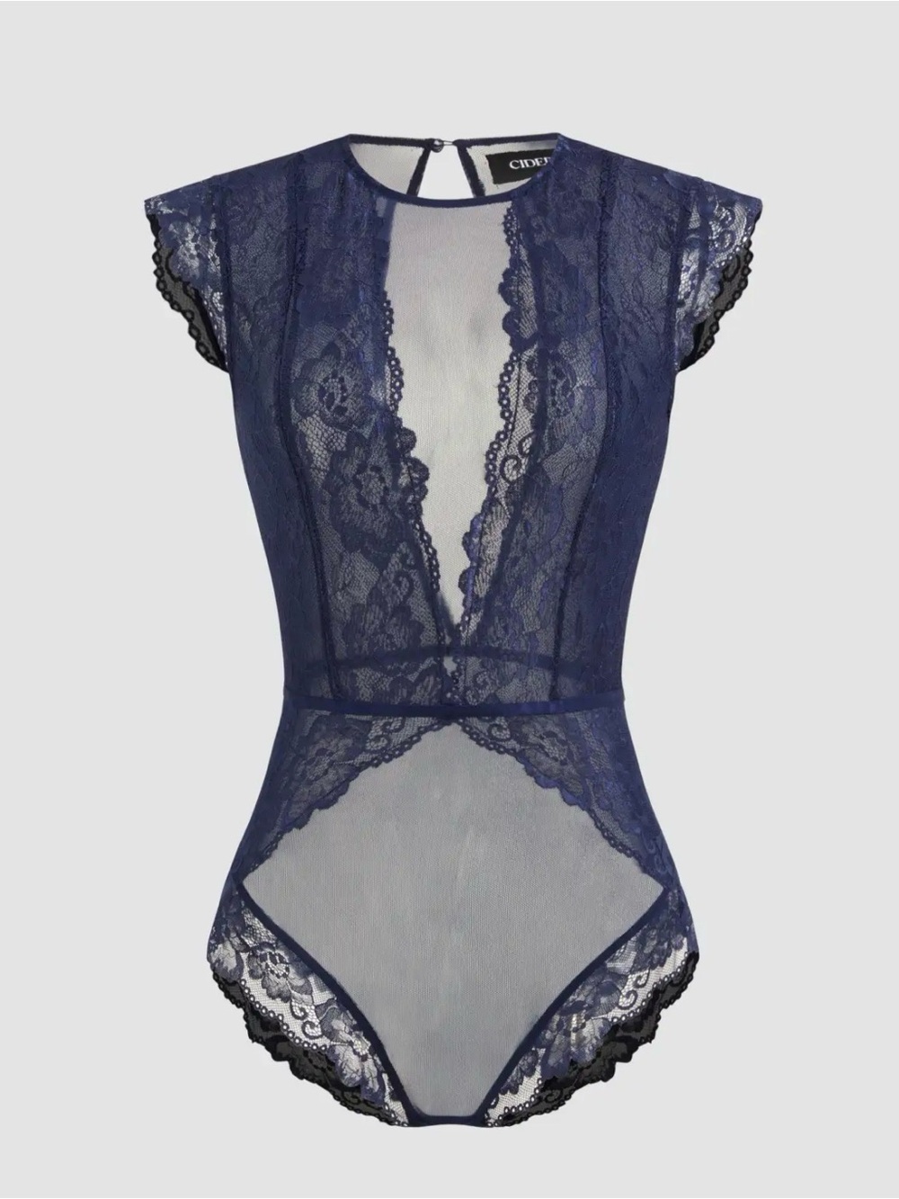 Cider NAVYLACE ROUND NECKLINE SOLID CUT OUT SEE-THROUGH BODYSUIT - SZ Large